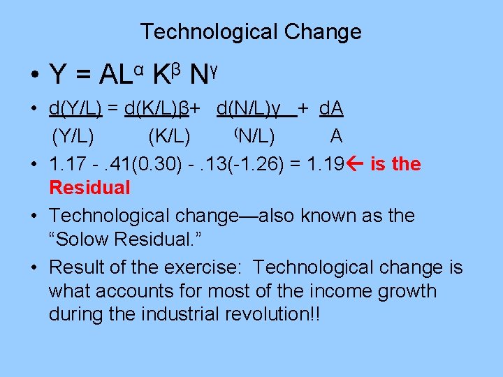 Technological Change • Y = ALα Kβ Nγ • d(Y/L) = d(K/L)β+ d(N/L)γ +