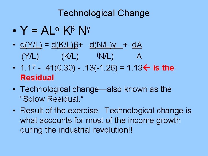 Technological Change • Y = ALα Kβ Nγ • d(Y/L) = d(K/L)β+ d(N/L)γ +