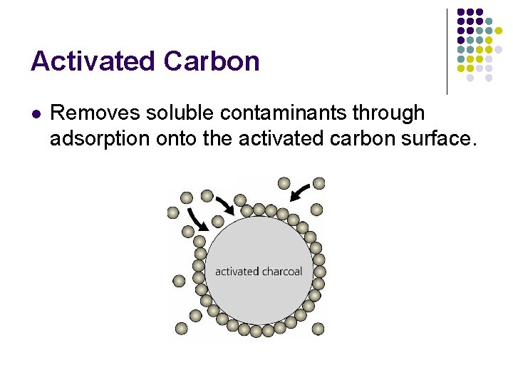 Activated Carbon l Removes soluble contaminants through adsorption onto the activated carbon surface. 