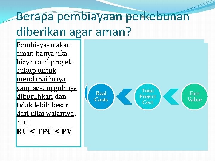 Berapa pembiayaan perkebunan diberikan agar aman? Pembiayaan akan aman hanya jika biaya total proyek