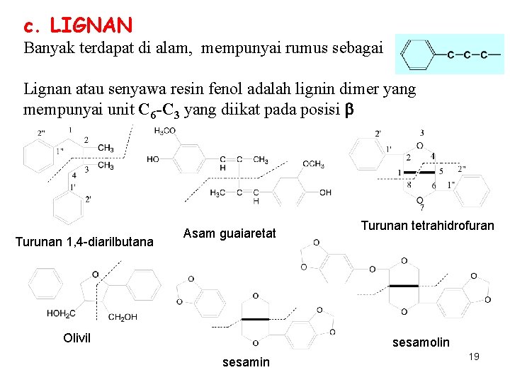 c. LIGNAN Banyak terdapat di alam, mempunyai rumus sebagai Lignan atau senyawa resin fenol