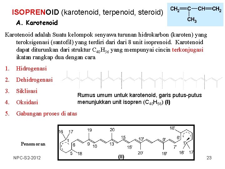 ISOPRENOID (karotenoid, terpenoid, steroid) A. Karotenoid adalah Suatu kelompok senyawa turunan hidrokarbon (karoten) yang