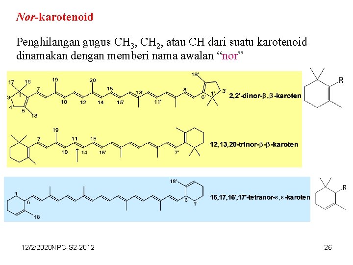 Nor-karotenoid Penghilangan gugus CH 3, CH 2, atau CH dari suatu karotenoid dinamakan dengan
