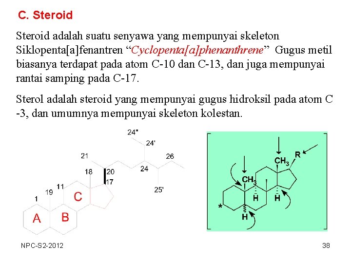 C. Steroid adalah suatu senyawa yang mempunyai skeleton Siklopenta[a]fenantren “Cyclopenta[a]phenanthrene” Gugus metil biasanya terdapat