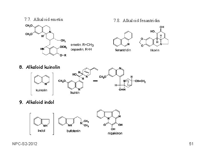 7. 7. Alkaloid emetin 7. 8. Alkaloid fenantridin 8. Alkaloid kuinolin 9. Alkaloid indol