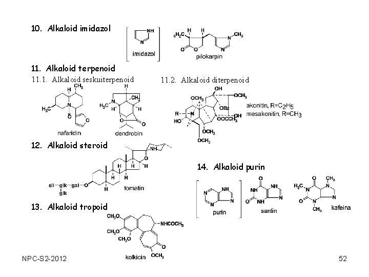 10. Alkaloid imidazol 11. Alkaloid terpenoid 11. 1. Alkaloid seskuiterpenoid 11. 2. Alkaloid diterpenoid