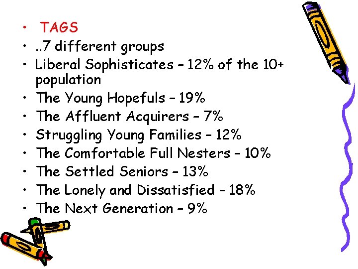  • TAGS • . . 7 different groups • Liberal Sophisticates – 12%