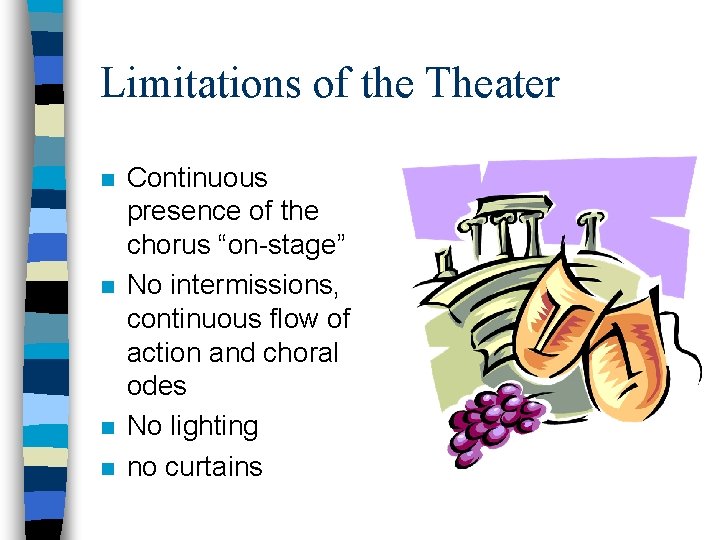 Limitations of the Theater n n Continuous presence of the chorus “on-stage” No intermissions,