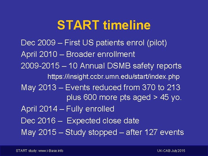 START timeline Dec 2009 – First US patients enrol (pilot) April 2010 – Broader