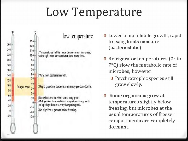 Low Temperature 0 Lower temp inhibits growth, rapid freezing limits moisture (bacteriostatic) 0 Refrigerator