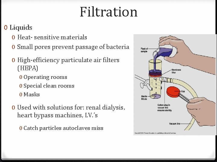 Filtration 0 Liquids 0 Heat- sensitive materials 0 Small pores prevent passage of bacteria