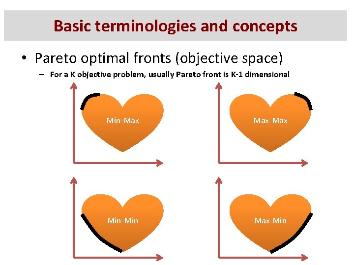 Basic terminologies and concepts • Pareto optimal fronts (objective space) – For a K