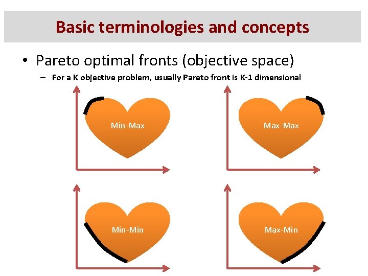 Basic terminologies and concepts • Pareto optimal fronts (objective space) – For a K Basic terminologies and concepts • Pareto optimal fronts (objective space) – For a K