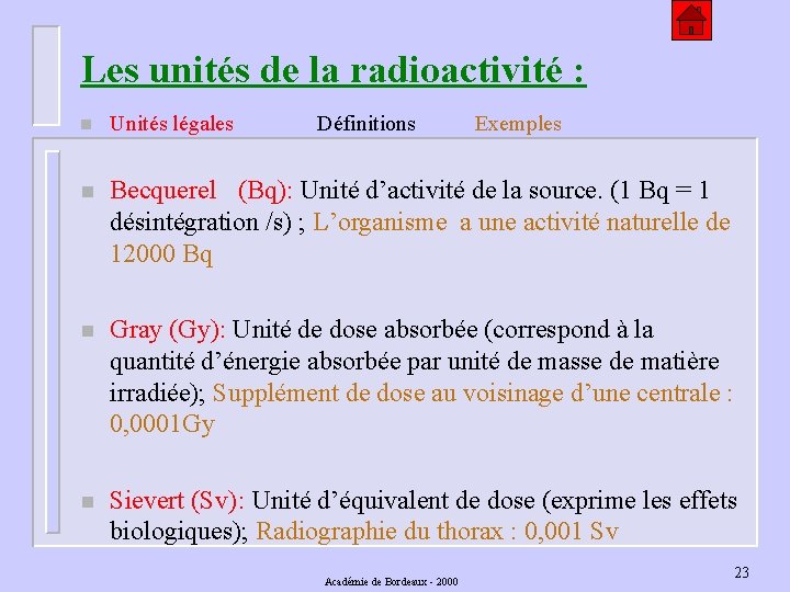 Les unités de la radioactivité : n Unités légales Définitions n Becquerel (Bq): Unité