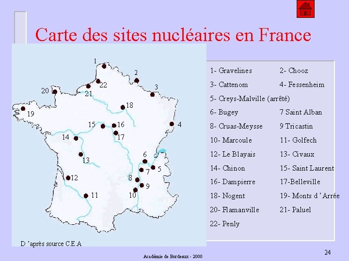 Carte des sites nucléaires en France 1 2 22 20 3 21 19 14