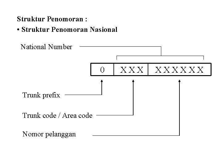 Struktur Penomoran : • Struktur Penomoran Nasional National Number 0 Trunk prefix Trunk code