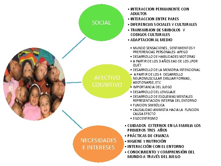 SOCIAL AFECTIVO COGNITIVO NECESIDADES E INTERESES • INTERACCION PERMANENTE CON ADULTOS • INTERACCION ENTRE