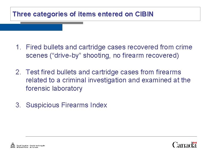 Slide 12 Three categories of items entered on CIBIN 1. Fired bullets and cartridge
