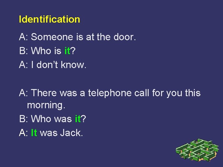 Identification A: Someone is at the door. B: Who is it? A: I don’t