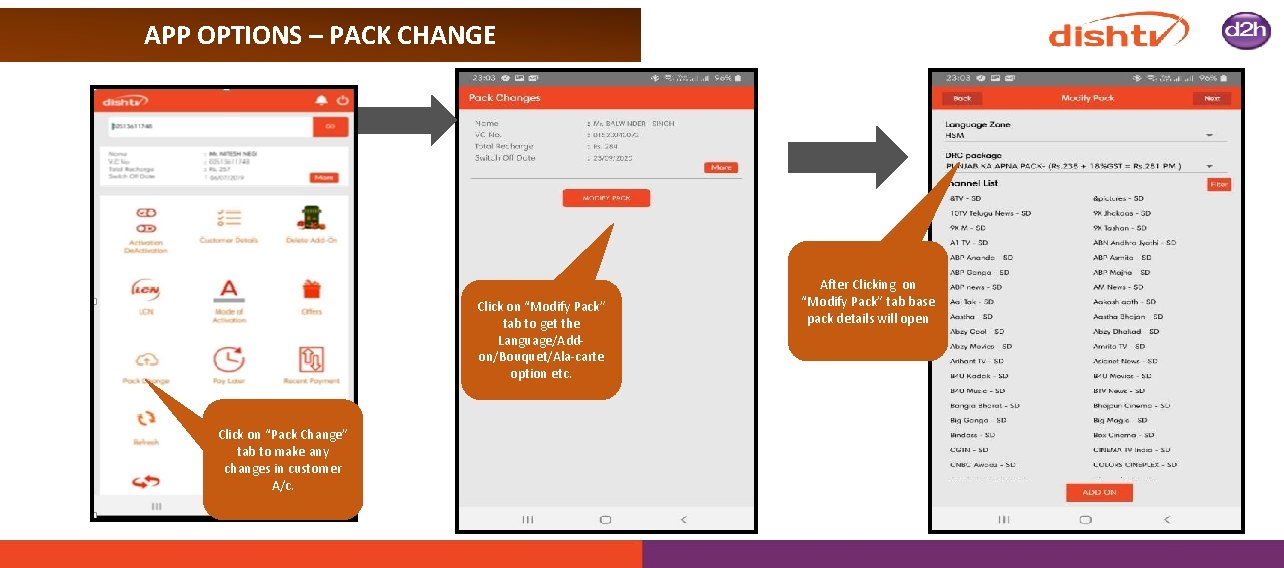 APP OPTIONS – PACK CHANGE Click on “Modify Pack” tab to get the Language/Addon/Bouquet/Ala-carte