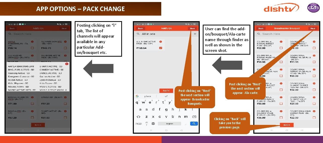 APP OPTIONS – PACK CHANGE Posting clicking on “i” tab, The list of channels