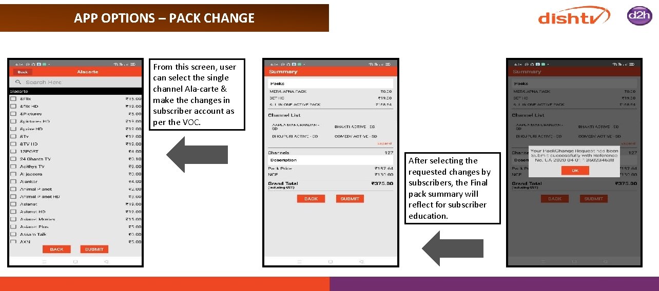 APP OPTIONS – PACK CHANGE From this screen, user can select the single channel