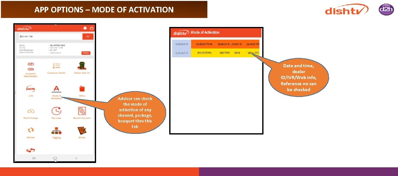 APP OPTIONS – MODE OF ACTIVATION Date and time, dealer ID/IVR/Web info, Reference no