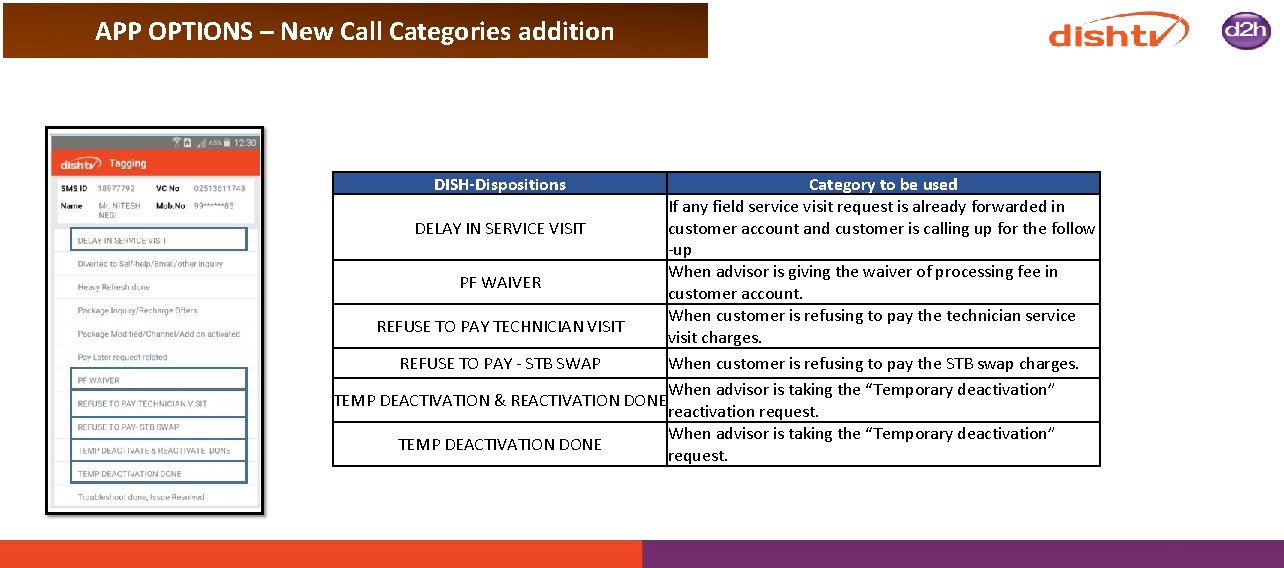 APP OPTIONS – New Call Categories addition DISH-Dispositions Category to be used If any