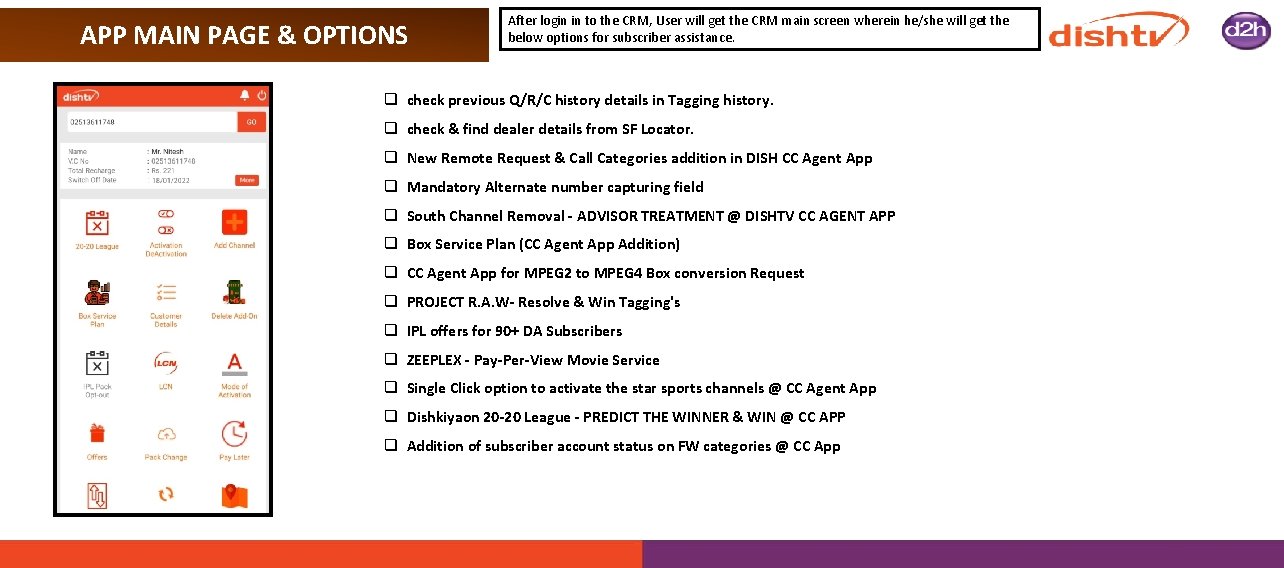 APP MAIN PAGE & OPTIONS After login in to the CRM, User will get