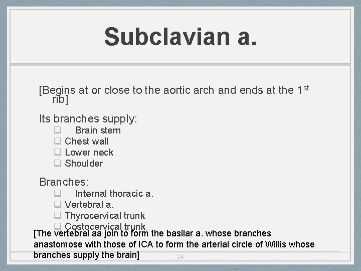 Subclavian a. [Begins at or close to the aortic arch and ends at the