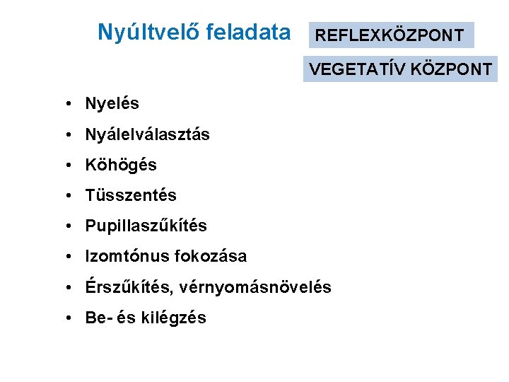 Nyúltvelő feladata REFLEXKÖZPONT VEGETATÍV KÖZPONT • Nyelés • Nyálelválasztás • Köhögés • Tüsszentés •