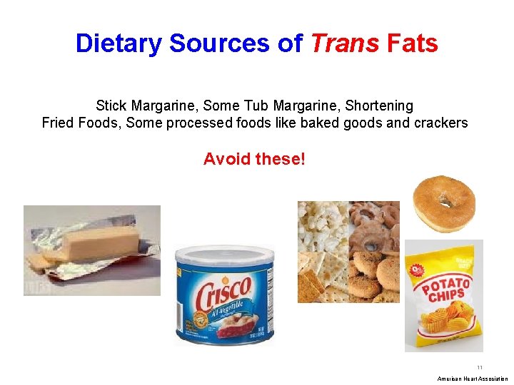 Dietary Sources of Trans Fats Stick Margarine, Some Tub Margarine, Shortening Fried Foods, Some