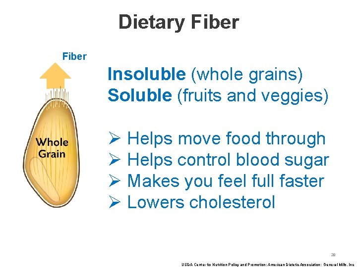 Dietary Fiber Insoluble (whole grains) Soluble (fruits and veggies) Ø Helps move food through
