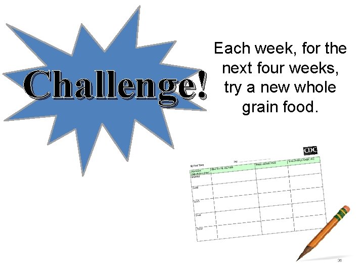 Challenge! Each week, for the next four weeks, try a new whole grain food.