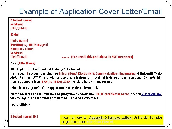 Example of Application Cover Letter/Email [Student name] for Placement [Address] [Tel]/[Email] [Date] [Title, Name]