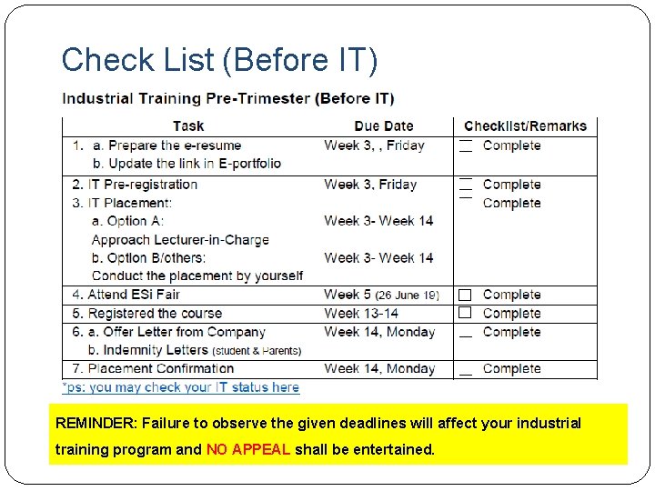 Check List (Before IT) REMINDER: Failure to observe the given deadlines will affect your