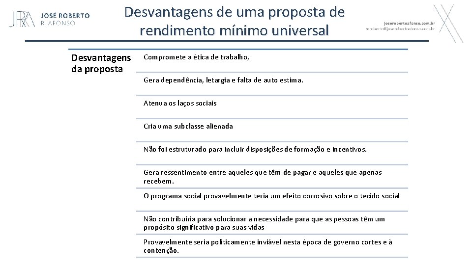 Desvantagens de uma proposta de rendimento mínimo universal Desvantagens da proposta Compromete a ética