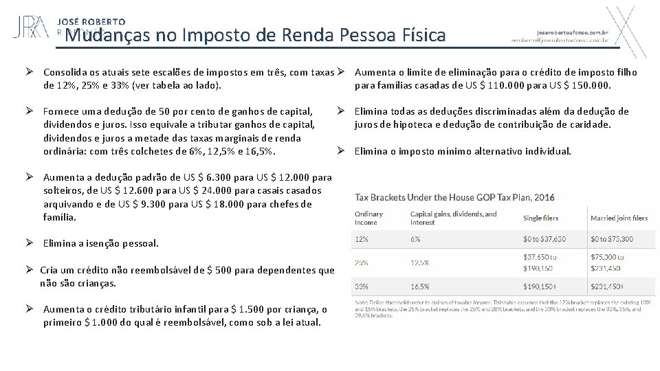 Mudanças no Imposto de Renda Pessoa Física Ø Consolida os atuais sete escalões de