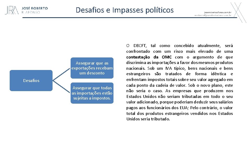 Desafios e Impasses políticos Assegurar que as exportações recebam um desconto Desafios Assegurar que