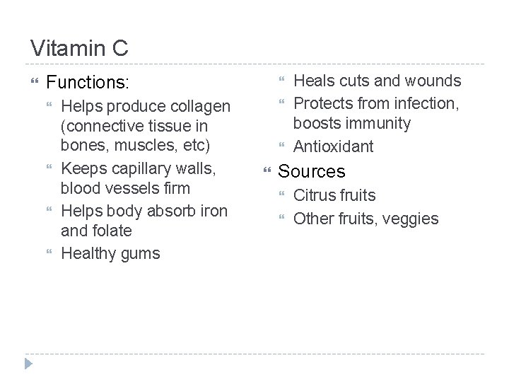 Vitamin C Functions: Helps produce collagen (connective tissue in bones, muscles, etc) Keeps capillary