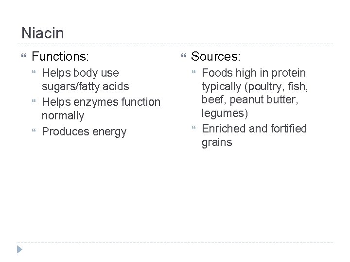 Niacin Functions: Helps body use sugars/fatty acids Helps enzymes function normally Produces energy Sources: