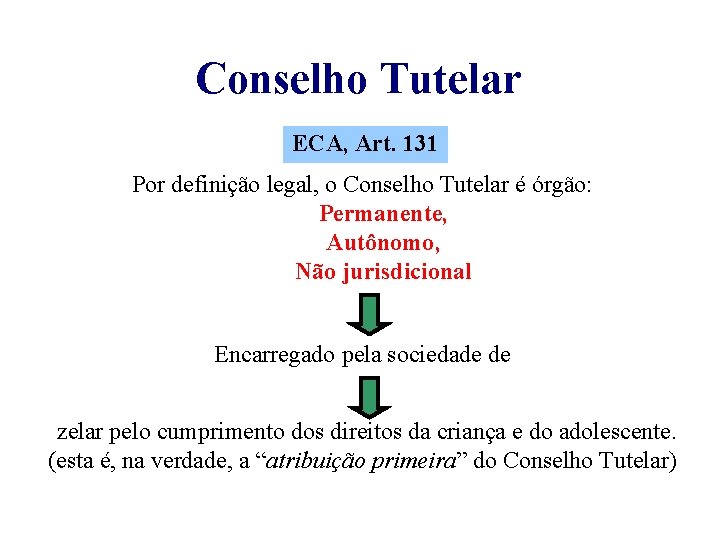 Conselho Tutelar ECA, Art. 131 Por definição legal, o Conselho Tutelar é órgão: Permanente,