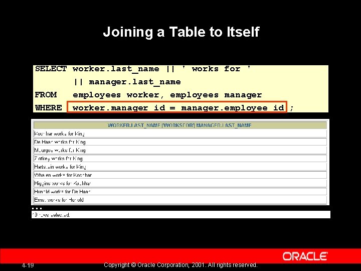 Joining a Table to Itself SELECT worker. last_name || ' works for ' ||