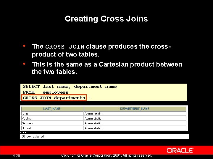 Creating Cross Joins • The CROSS JOIN clause produces the crossproduct of two tables.