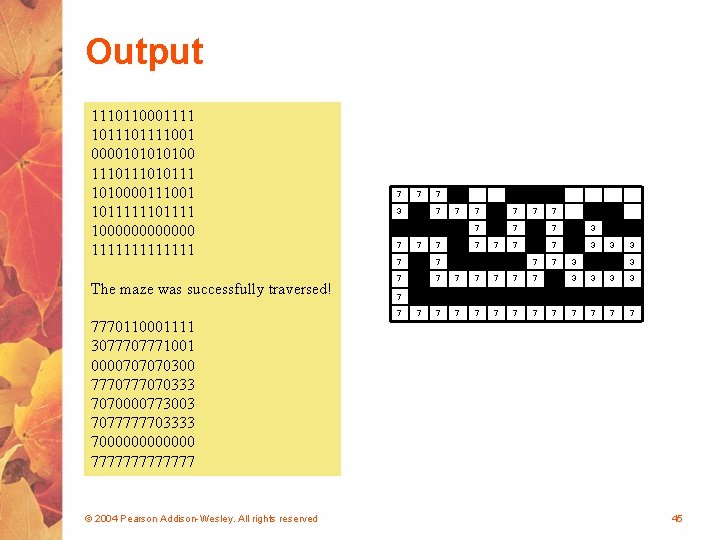 Output 1110110001111 101111001 000010100 111010111 1010000111001 1011111101111 1000000 1111111 The maze was successfully traversed!