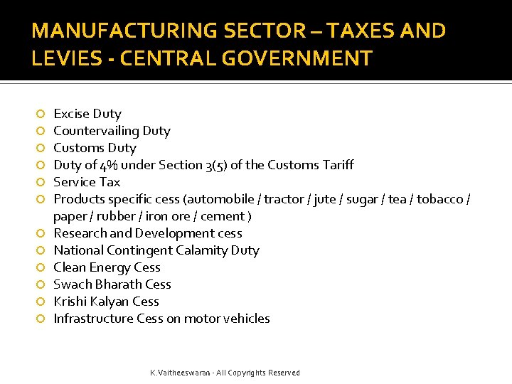 MANUFACTURING SECTOR – TAXES AND LEVIES - CENTRAL GOVERNMENT Excise Duty Countervailing Duty Customs
