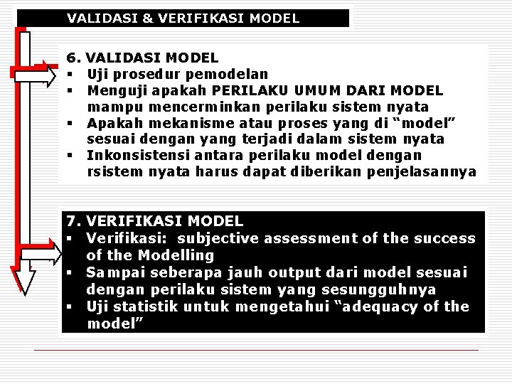 VALIDASI & VERIFIKASI MODEL 6. VALIDASI MODEL § Uji prosedur pemodelan § Menguji apakah