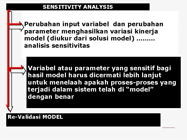SENSITIVITY ANALYSIS Perubahan input variabel dan perubahan parameter menghasilkan variasi kinerja model (diukur dari