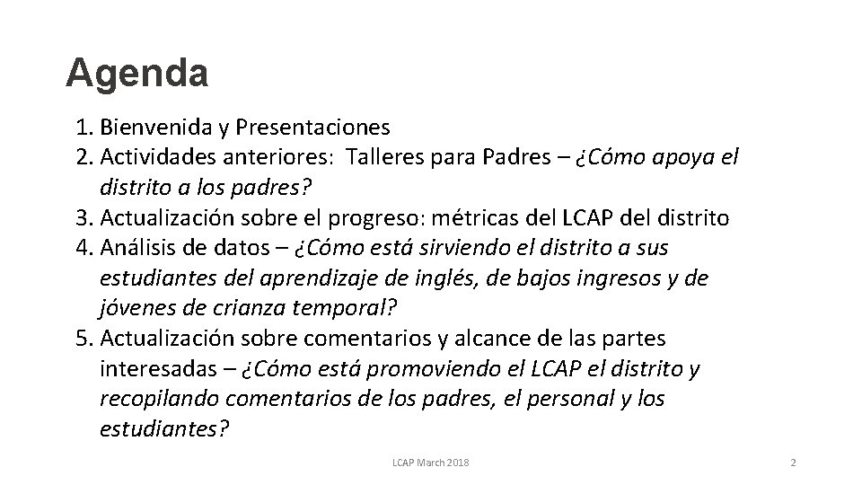 Agenda 1. Bienvenida y Presentaciones 2. Actividades anteriores: Talleres para Padres – ¿Cómo apoya