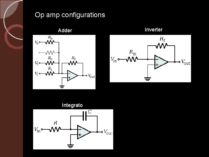 Op amp configurations Adder Integrato r Inverter 